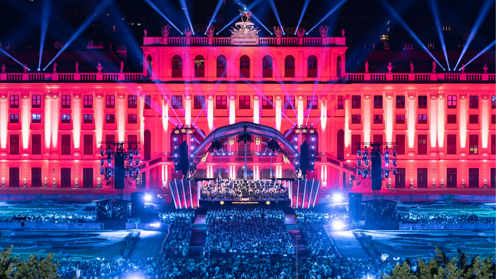 Summer night concert at Schönbrunn Palace in Vienna. PRG supplied rigging, lighting technology, video technology, technical implementation planning, personnel services for realization and support and material logistics.