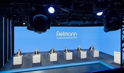 PRG provided a 360° service here, in addition to the sound, lighting, video, streaming connection and also the stage and deco construction for the online event of the Fielmann anual Meeting