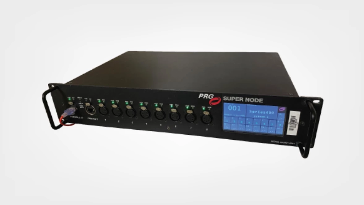 El PRG Super Node™ sirve como una interfaz potente que conecta consolas de control compatibles con Vx76, Art-Net y sACN con equipos que requieren sACN, Art-Net o DMX512.